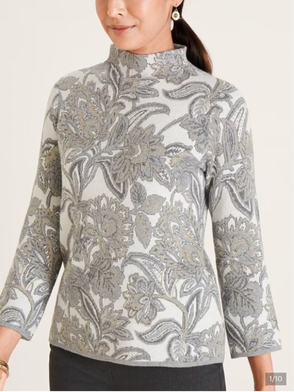 Chico’s Gray & White Floral Mock Neck Sweater with Gold Metallic Threads - XL